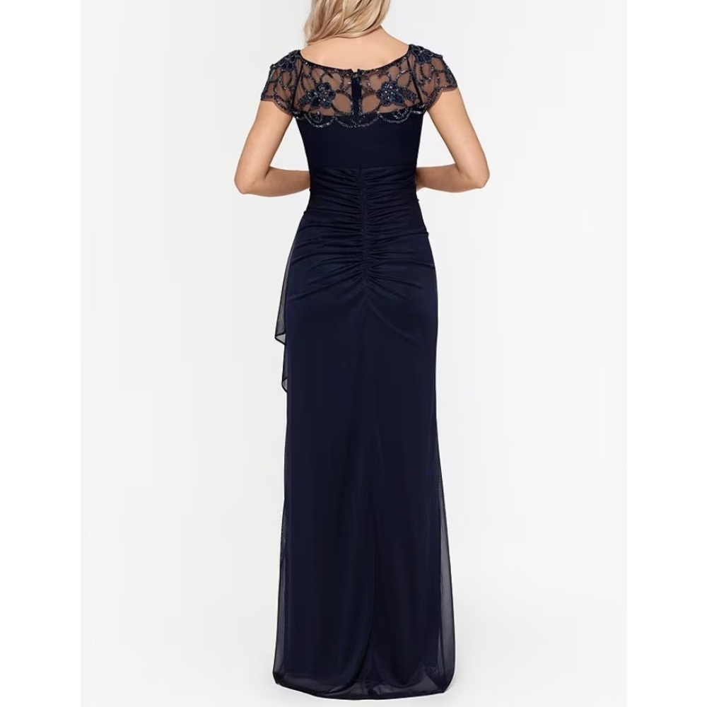 Xscape Beaded Yoke Cap Sleeve Round Neck Ruched Cascade Ruffle
Side Gown - Picture 7 of 12